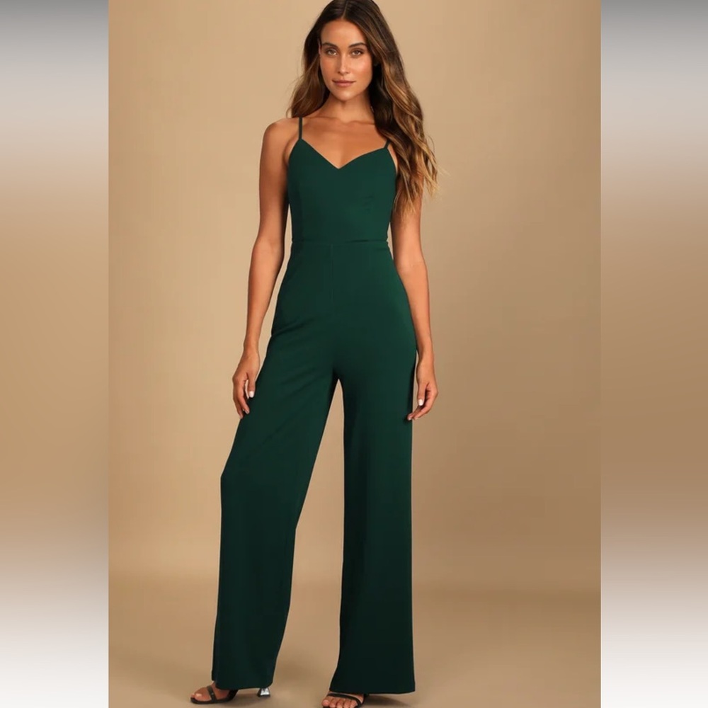 Lulus Betting on Love Dark Green Cutout Wide Leg Jumpsuit Size Small